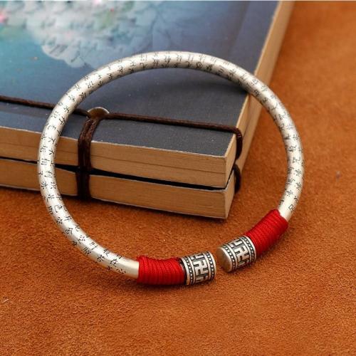 Bracelets | Ethnic Thai Silver Auspicious Symbols & Red Rope Accented Bangle Bracelets Bracelets