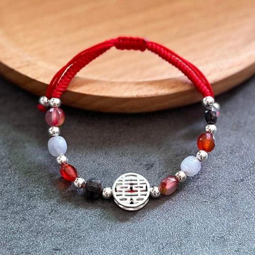 Bracelets | Red Rope & Silver Double Happiness Bracelet With Natural Stones Bracelets Bracelets