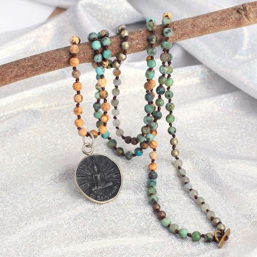 Buddha Lovers | Ancient Style Thai BUDDHA AMULET & African Turquoise/ Picture Jasper Stone SERENITY Necklace Buddha Lovers Buddha Lovers