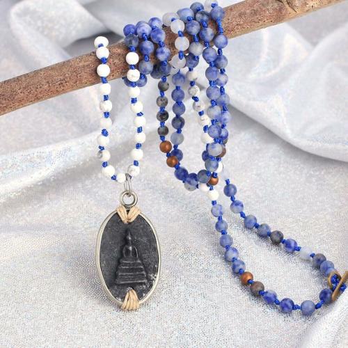 Buddha Lovers | Ancient Style Thai BUDDHA AMULET & Sodalite/Howlite Stone INTUITION Necklace Buddha Lovers Buddha Lovers