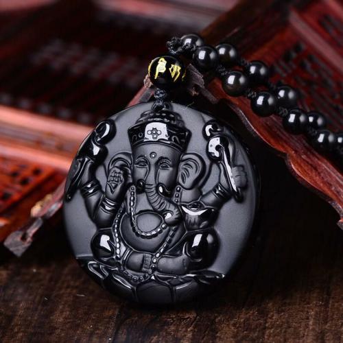 Hindu Products | Natural Carved Black Obsidian Ganesha Pendant Necklace Shop Hindu Products