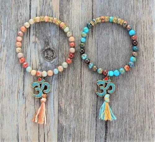 Hindu Products | New Stretch Bracelet Natural Stone with Tibetan OM Charm and Tassel Mala Bracelet Hindu Products Hindu Products