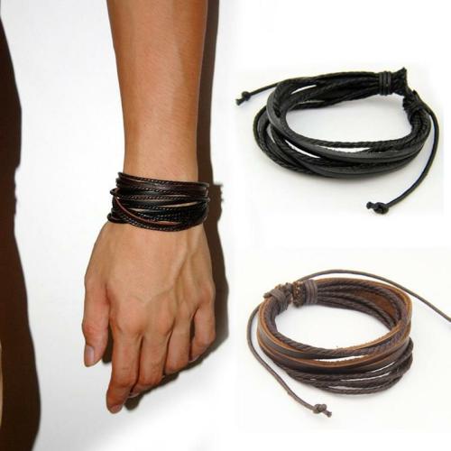 Leather Jewelry Collection | 2pc Set Braided Rope & Leather Stacked Bracelets For Men Leather Jewelry Collection