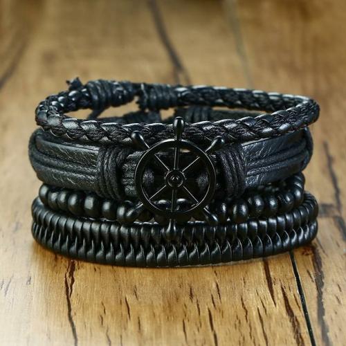 Leather Jewelry Collection | 4Pc Braided Black Leather & Wood Nautical Bracelet Set-9 Designs For Men Leather Jewelry Collection