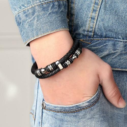 Leather Jewelry Collection | Braided Leather & Stainless Steel Mens Bracelet For Men Leather Jewelry Collection