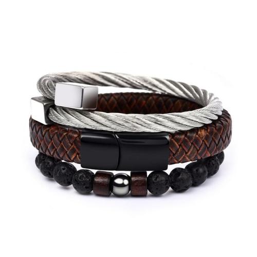 Leather Jewelry Collection | Leather, Steel & Lava Stone 3 pc Mens Bracelet Set For Men Leather Jewelry Collection