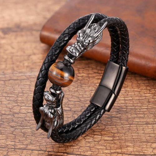 Leather Jewelry Collection | Steel, Leather and Stone STRENGTH Bracelet with Dual Dragon Heads For Men Leather Jewelry Collection