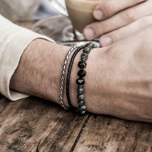 Leather Jewelry Collection | UPLIFTING Labradorite,Steel & Leather 3/pc Bracelet Set For Men Leather Jewelry Collection