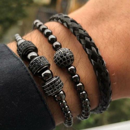 Luxury Collection | Luxury CZ Pave ,Black/Silver/Gold Braided Stainless Steel 3pc Bracelet Set For Men Luxury Collection