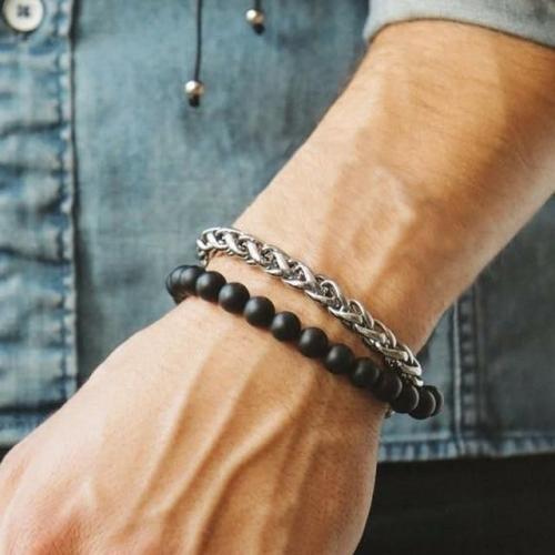 Minimalist Collection | 2pcs/set Steel Wheat Chain & Onyx Stone RELEASE EMOTIONS Bracelets For Men Minimalist Collection