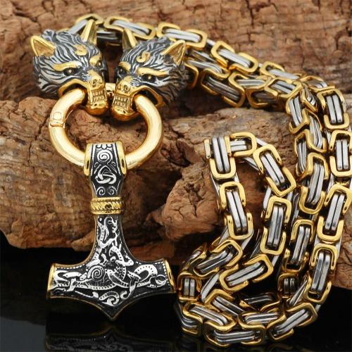 Multifunctional Jewelry | 60-90cm Stainless Steel DOUBLE WOLF Head & Mjolnir SURVIVAL SPIRIT Necklace/Bracelet For Men Multifunctional Jewelry