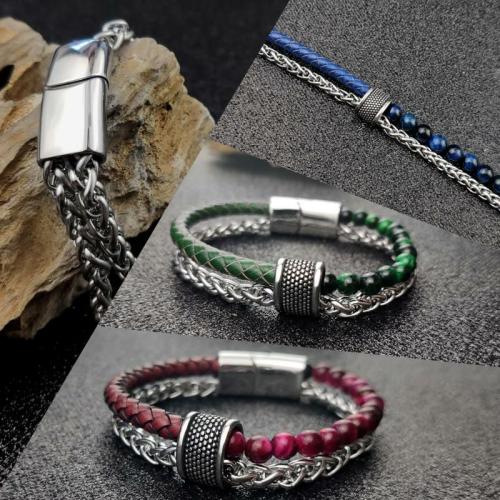 Natural Stone Collection | 3 n’ 1 Men’s Leather , Steel Wheat Chain & Green/Blue/Red Tiger Eye Stone Luxury Bracelet For Men Leather Jewelry Collection