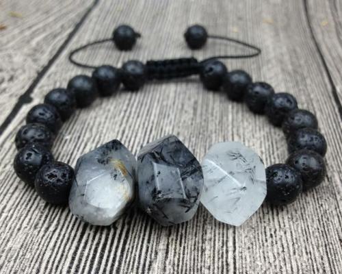 Natural Stone Collection | Chunky Black Tourmalinated Quartz & Lava Stone NO MORE BAD VIBES Bracelet For Men Natural Stone Collection