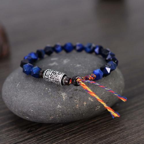 Natural Stone Collection | Ethnic Tibetan Faceted Blue Tiger Eye Stone SIX TRUE WORDS MANTRA Bracelet For Men Natural Stone Collection