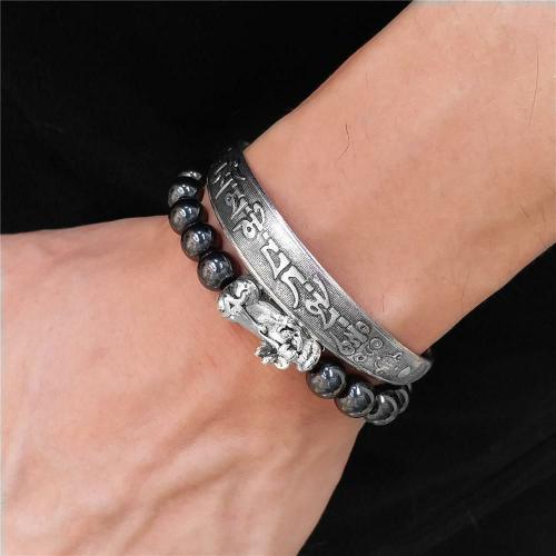 Natural Stone Collection | Feng Shui Hematite & PIXIU Bracelet With 6 Syllable OM Mantra Bangle- 2pc WEALTH Set-6 sizes For Men Natural Stone Collection