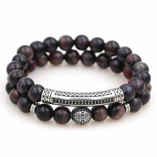 Natural Stone Collection | Luxury No Fade Titanium Steel Mauve/Blue/ Red/Gray/Green Tiger Eye Stone UBER PROTECTION 2pc Bracelet Set For Men Luxury Collection