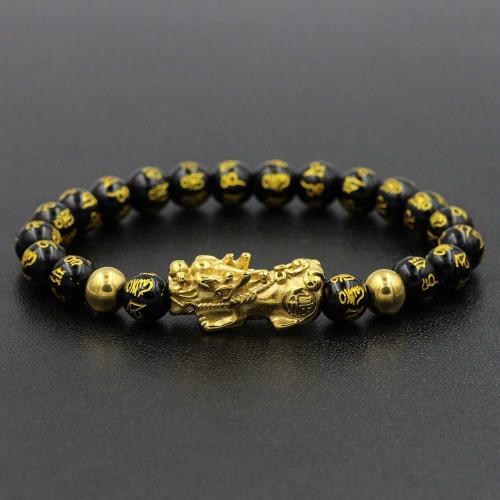 Natural Stone Collection | NEVER FADE! Golden Steel Pixiu & Mantra FENG SHUI for WEALTH Obsidian Bracelet For Men Natural Stone Collection