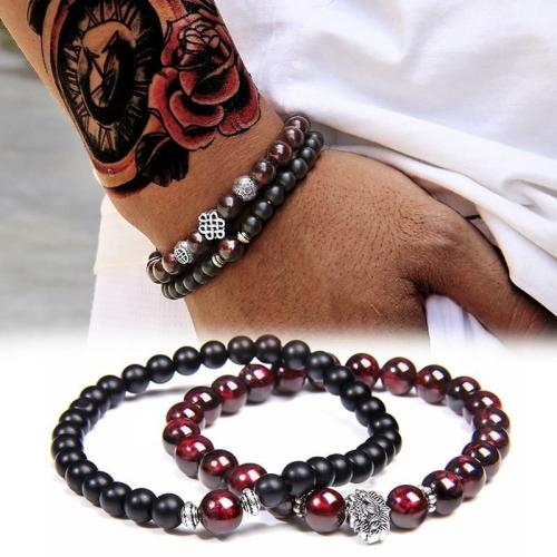 Natural Stone Collection | Premium Grade AAA Garnet /Hematite/Onyx Set of 2 SINCERITY Bracelets For Men Natural Stone Collection