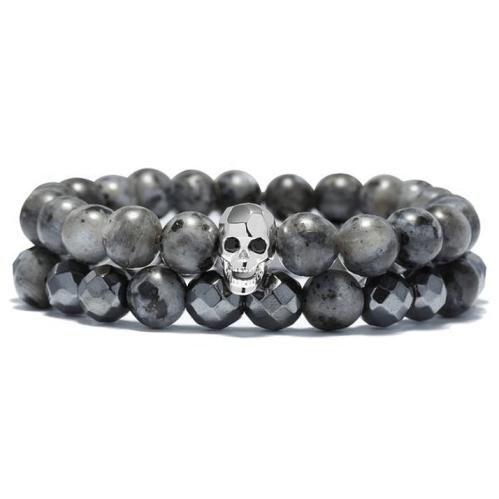 Natural Stone Collection | Skull ‘n Stone- Mens Hematite & Agate Stone STRENGTH Bracelet Set For Men Natural Stone Collection