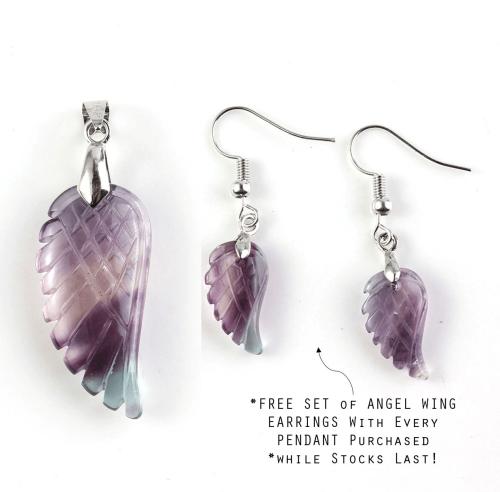 Pendant Necklaces | Hand Carved Natural Rainbow Fluorite Stone Angel Wing Pendant-FREE EARRINGS included! Chakra Chakra