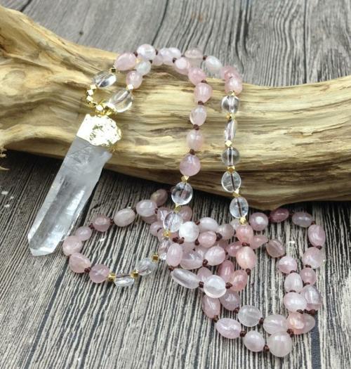 Pendant Necklaces | Raw Quartz Pendant & Rose Quartz Beads ‘ATTRACT LOVE ‘Necklace Pendant Necklaces Pendant Necklaces