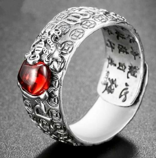 Rings | Natural Garnet & 925 Sterling Silver LUCKY PIXIU OM Mantra Ring For Men Rings