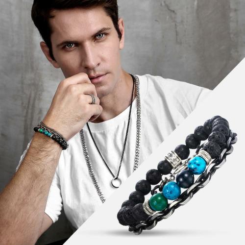 Stone & Steel Collection | 2 Pc Chrysocolla, Lava Stone & Chain Diffuser Set Men’s WELLNESS Bracelets For Men Stone & Steel Collection