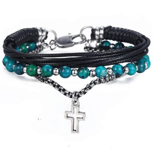 Stone & Steel Collection | Chrysocolla Stone , Leather & Box Link 3pc DETOX Bracelet Set For Men Stone & Steel Collection