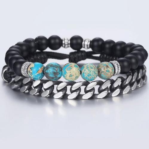 Stone & Steel Collection | Jasper ,Howlite & Onyx Stone +Steel LInk 2pc TRANQUILITY Bracelet Set For Men Stone & Steel Collection