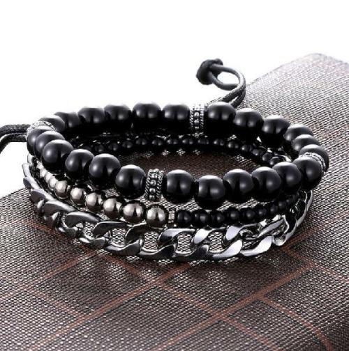 Stone & Steel Collection | Men’s 3pc Multi-layer Steel , Onyx & Leather STAMINA Set For Men Stone & Steel Collection