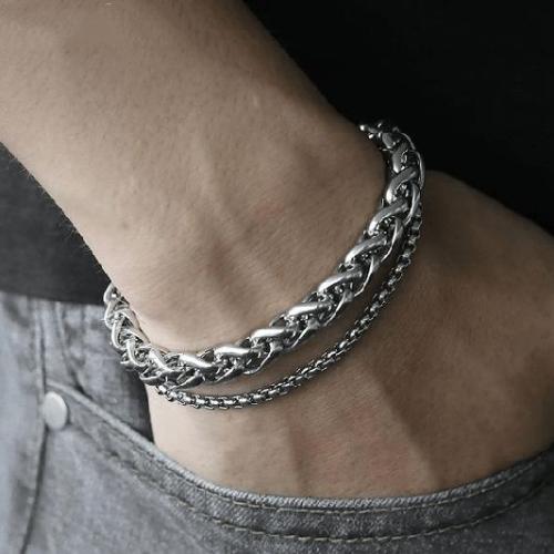 Stone & Steel Collection | Men’s Double Wheat & Box Chain Steel Bracelet For Men Minimalist Collection