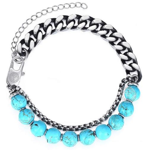 Stone & Steel Collection | Mens Turquoise & Cuban Link Stainless Steel 3 in 1 HEALING Bracelet For Men Stone & Steel Collection