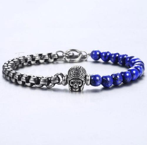 Stone & Steel Collection | Natural Lapis Lazuli & Steel Link 2 pc Men’s Skull CAREER Bracelet For Men Stone & Steel Collection