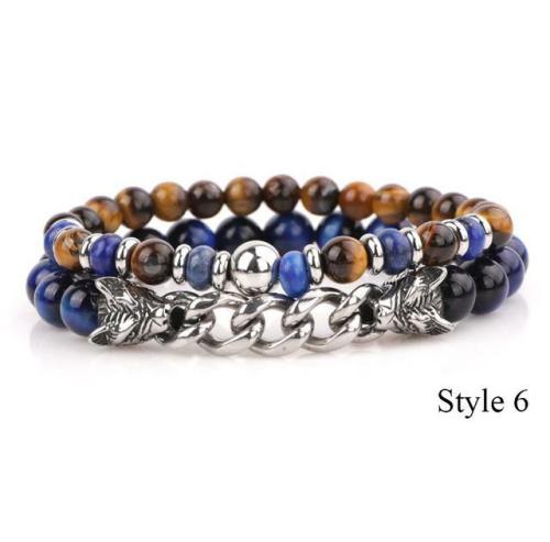 Stone & Steel Collection | Natural Stone & Stainless Steel Double WOLF ‘LOYALTY’ 2 pc Bracelet Set -13 Styles For Men Natural Stone Collection