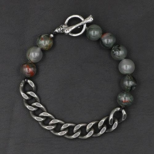 Stone & Steel Collection | Retro Stainless Steel & Skull Clasp with 10mm Natural Stones ‘VITALITY’ Bracelet- we can make ANY SIZE! For Men Stone & Steel Collection