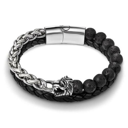 Stone & Steel Collection | Stainless Steel , Lava Stone & Leather EAGLE / WOLF/ SKULL/ LION SPIRIT Charm Bracelet For Men Stone & Steel Collection