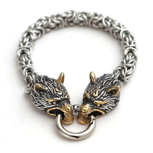 Viking Collection | Stainless Steel Nordic DOUBLE WOLF Head ANIMAL SPIRIT King Chain Bracelet For Men Viking Collection