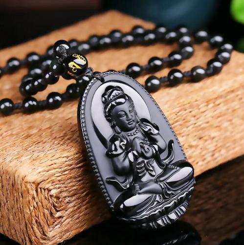 Buddha Lovers | Natural Black Obsidian Eight Patron Saint Buddha Pendant Necklace Buddha Lovers Buddha Lovers