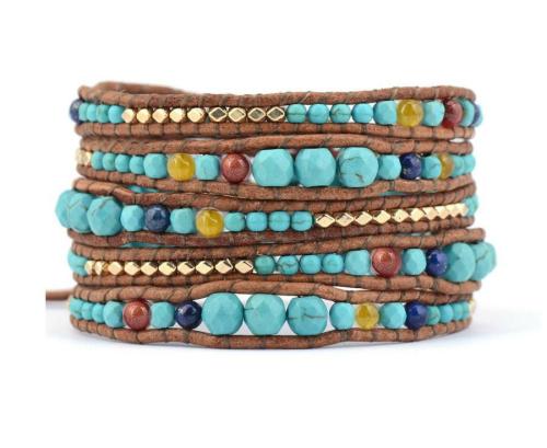 Jewelry | Turquoise Stone with Leather & Gold beads WRAP Bracelet Jewelry Jewelry