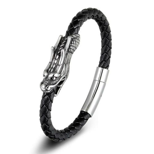 Leather Jewelry Collection | Men’ s Stainless Steel Dragon Head & Braided Black Leather POWER Bracelet For Men Leather Jewelry Collection