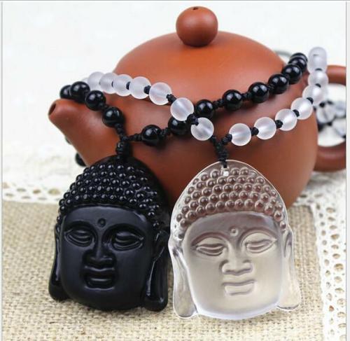 Pendant Necklaces | 2pc/set -Natural Obsidian & Natural Quartz Crystal Buddha Sakyamuni Pendants Buddha Lovers Buddha Lovers