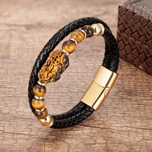 Leather Jewelry Collection | Stainless Steel , Braided Leather & Tiger Eye Stone Feng Shui PIXIU for WEALTH Bracelet For Men Leather Jewelry Collection