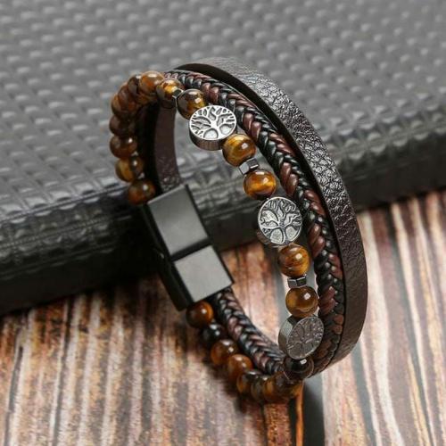 Leather Jewelry Collection | Stylish Men’s Natural Stone Bracelets with Stainless Steel Tree of Life Charms For Men Leather Jewelry Collection