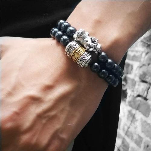 Natural Stone Collection | Feng Shui Pixiu with Hematite Stone & Prayer Wheel Accent POWERFUL PROTECTOR 2pc Bracelet set For Men Natural Stone Collection