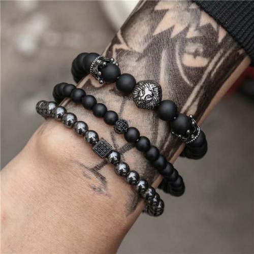 Natural Stone Collection | Men’s 3 Pc Classic Stack of Onyx & Hematite Stone LION Amulet Bracelets-GOBLIN & GIANT SIZES HERE! For Men Natural Stone Collection